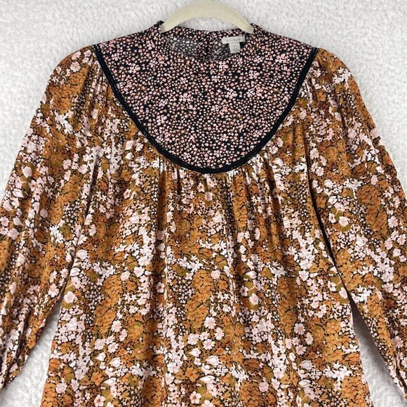 Hinge Brown Floral Mix Print Shirt Womens Prairie Chic High Neck Size XS - Picture 2 of 13